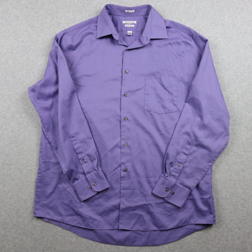 Van Heusen Shirt Mens 17 34/35 Lux Sateen Regular Fit Button Purple Long‎ Sleeve